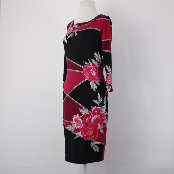 Cache Dress Sz 4 Black Pink Floral 3/4 Sleeve Midi Polyester Spandex  Dress - Picture 12 of 13
